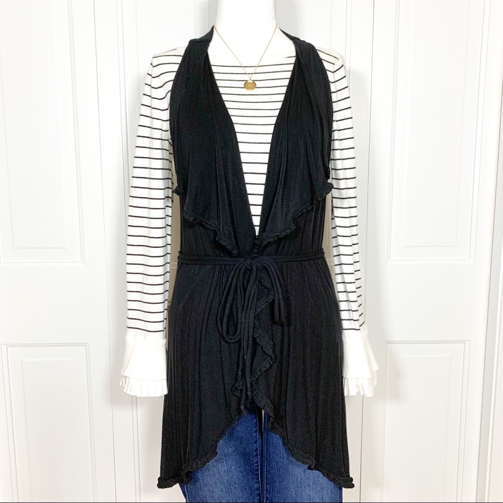 Anthropologie Small Deletta Black Drape Ruffle Edge Jersey Tie Vest